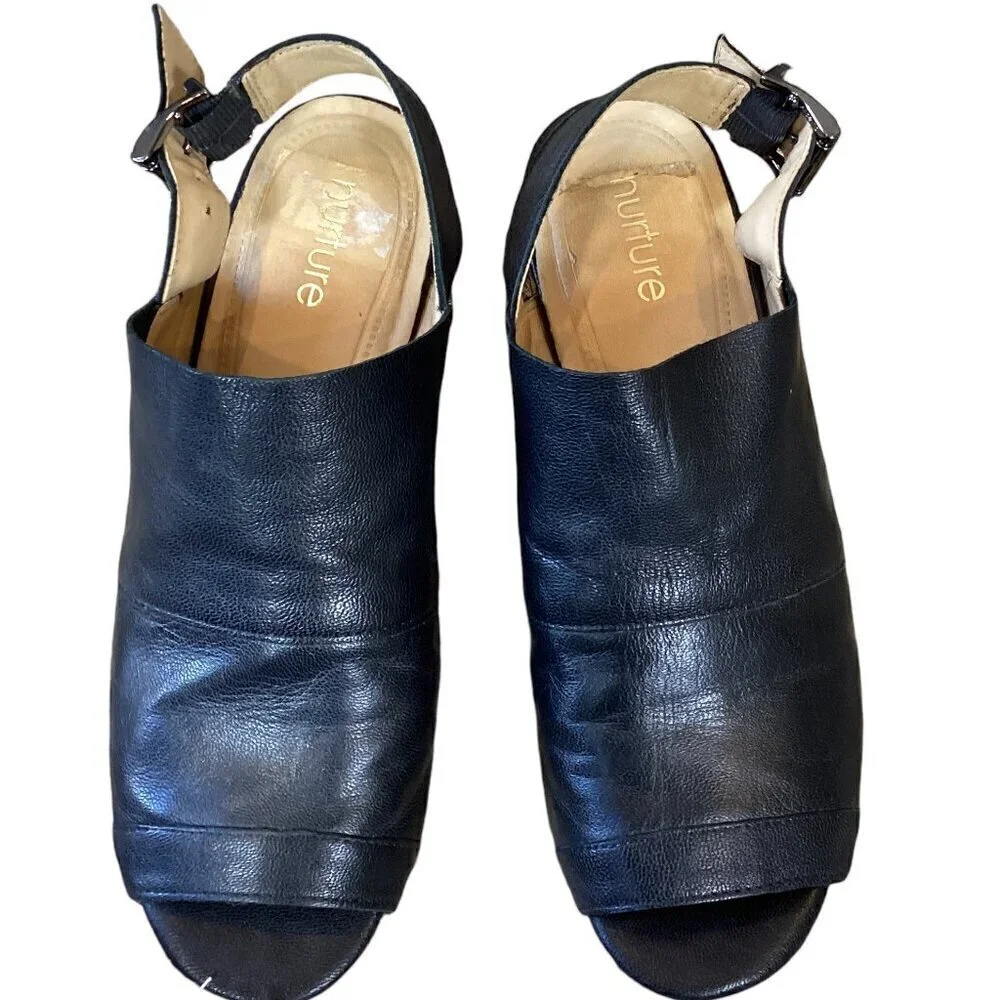Nurture Mylene Leather Espadrille‎ Wedge Sandals Open Toe Sz 6M Black #280D